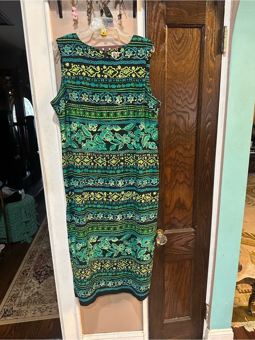Sleeveless Green Floral-Stripe Shift Dress